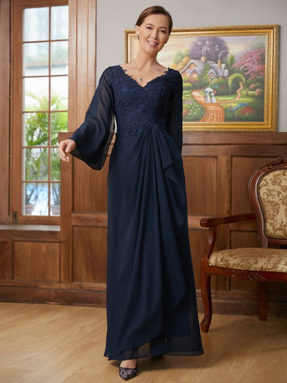 Wholesa A-Line/Princess Chiffon Applique V-neck Long Sleeves Floor-Length Mother of the Bride Dresses