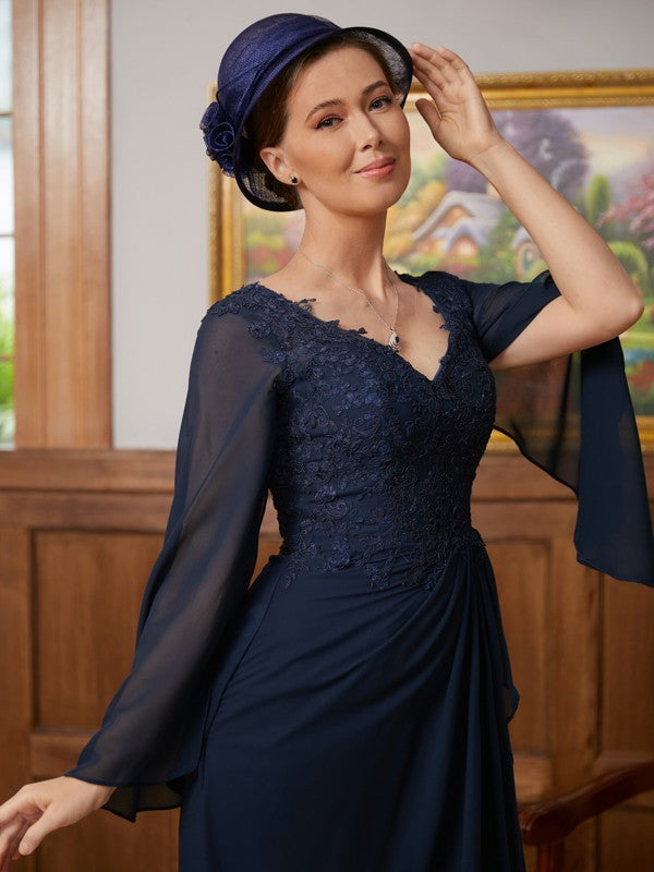 Wholesa A-Line/Princess Chiffon Applique V-neck Long Sleeves Floor-Length Mother of the Bride Dresses