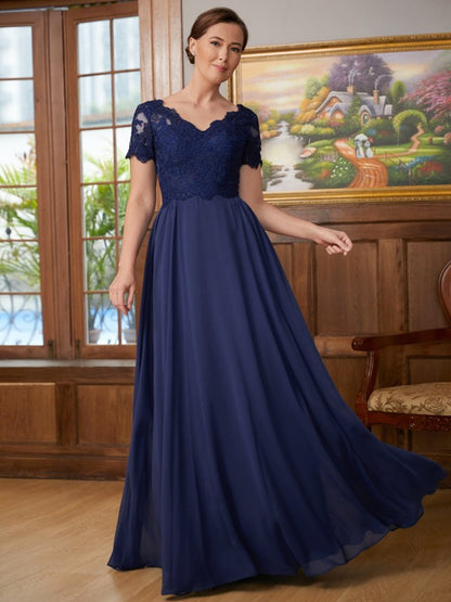 Wholesa A-Line/Princess Chiffon Lace V-neck Short Sleeves Floor-Length Mother of the Bride Dresses