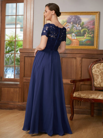 Wholesa A-Line/Princess Chiffon Lace V-neck Short Sleeves Floor-Length Mother of the Bride Dresses