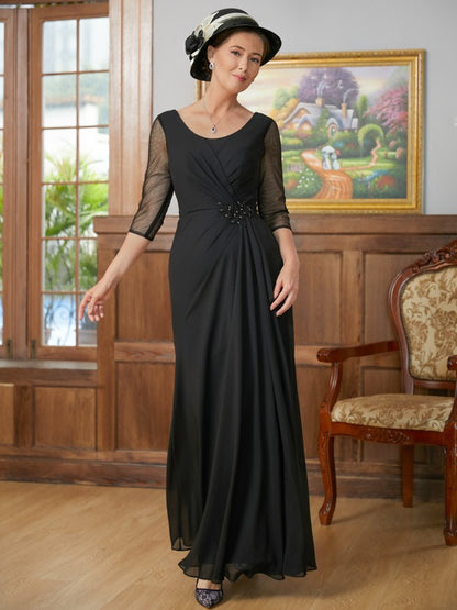 Wholesa A-Line/Princess Chiffon Ruched Scoop 3/4 Sleeves Floor-Length Mother of the Bride Dresses