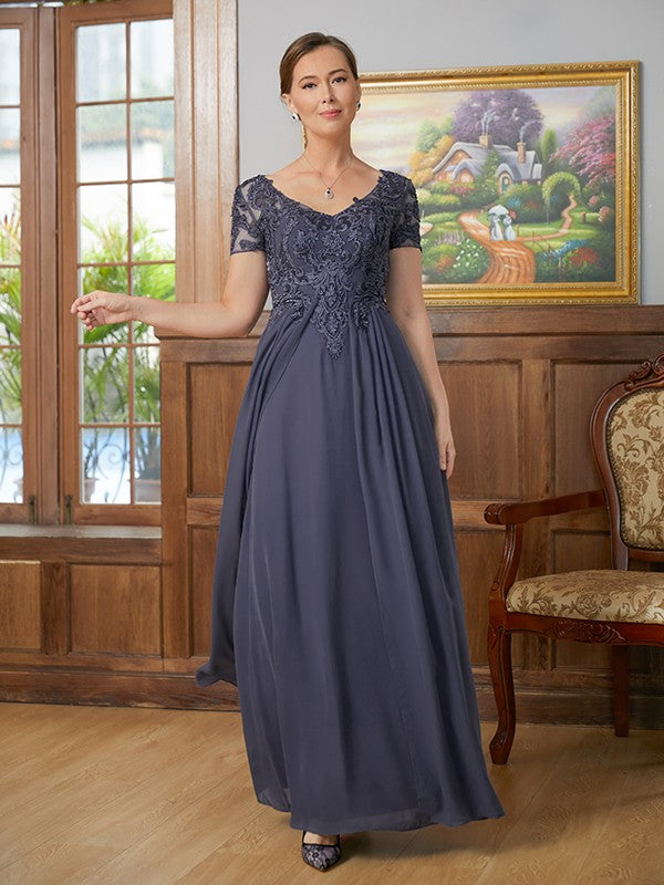 Wholesa A-Line/Princess Chiffon Applique V-neck Short Sleeves Floor-Length Mother of the Bride Dresses