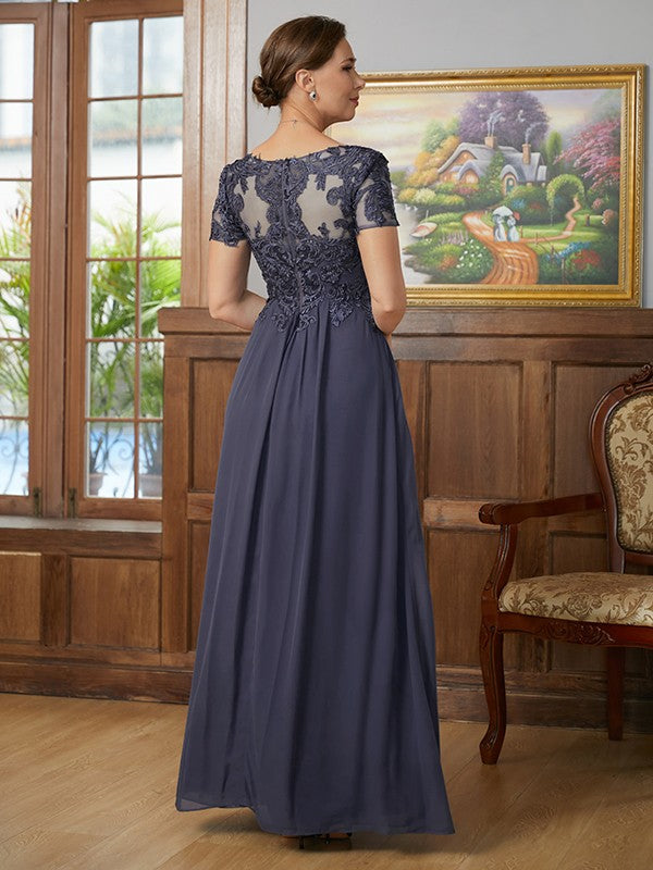 Wholesa A-Line/Princess Chiffon Applique V-neck Short Sleeves Floor-Length Mother of the Bride Dresses