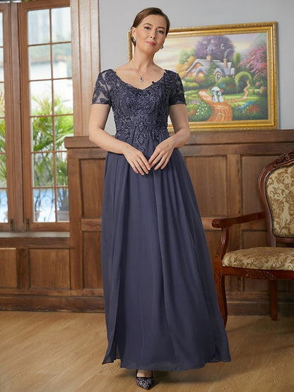 Wholesa A-Line/Princess Chiffon Applique V-neck Short Sleeves Floor-Length Mother of the Bride Dresses