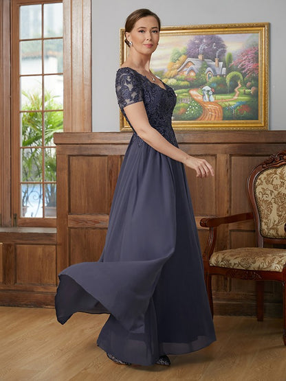 Wholesa A-Line/Princess Chiffon Applique V-neck Short Sleeves Floor-Length Mother of the Bride Dresses