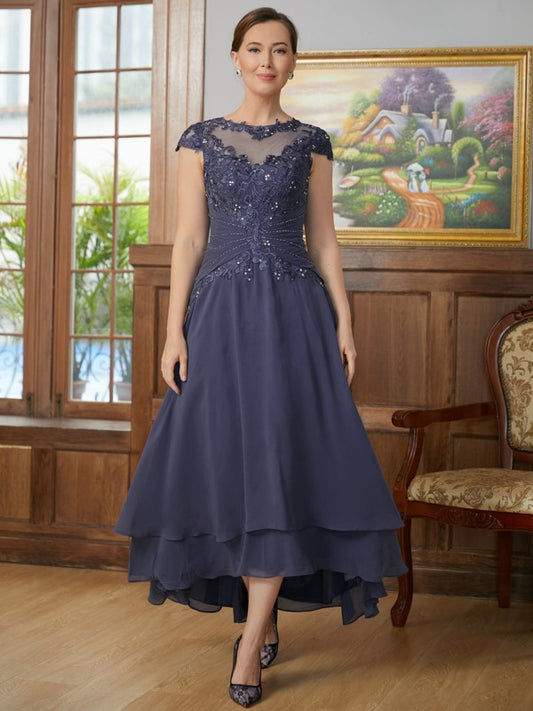 Wholesa A-Line/Princess Chiffon Applique Scoop Short Sleeves Asymmetrical Mother of the Bride Dresses