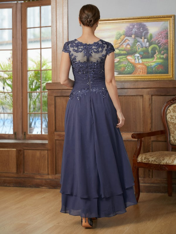 Wholesa A-Line/Princess Chiffon Applique Scoop Short Sleeves Asymmetrical Mother of the Bride Dresses