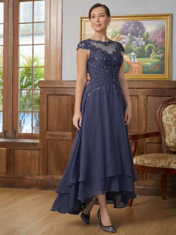 Wholesa A-Line/Princess Chiffon Applique Scoop Short Sleeves Asymmetrical Mother of the Bride Dresses