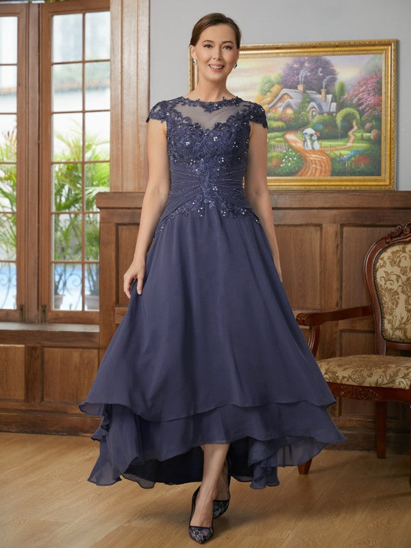 Wholesa A-Line/Princess Chiffon Applique Scoop Short Sleeves Asymmetrical Mother of the Bride Dresses