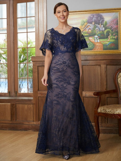 Wholesa Sheath/Column Silk like Satin Lace V-neck Short Sleeves Floor-Length Mother of the Bride Dresses