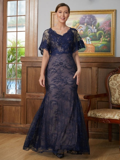 Wholesa Sheath/Column Silk like Satin Lace V-neck Short Sleeves Floor-Length Mother of the Bride Dresses