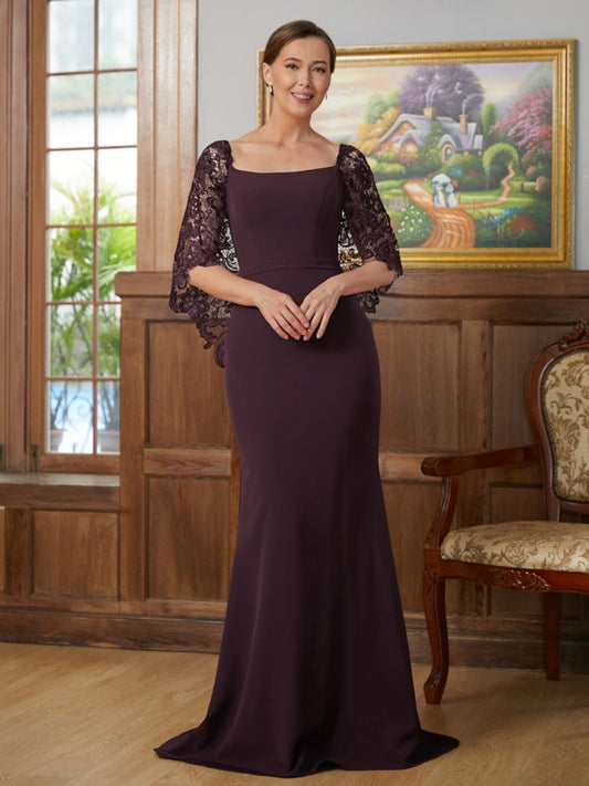 Wholesa Sheath/Column Stretch Crepe Lace Square 1/2 Sleeves Sweep/Brush Train Mother of the Bride Dresses