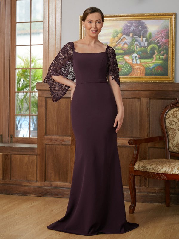 Wholesa Sheath/Column Stretch Crepe Lace Square 1/2 Sleeves Sweep/Brush Train Mother of the Bride Dresses