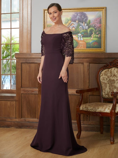 Wholesa Sheath/Column Stretch Crepe Lace Square 1/2 Sleeves Sweep/Brush Train Mother of the Bride Dresses