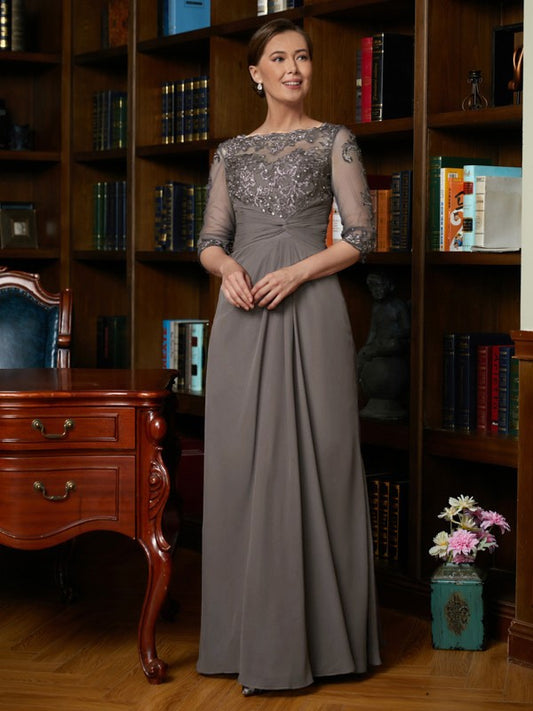 Wholesa A-Line/Princess Chiffon Applique Scoop 3/4 Sleeves Floor-Length Mother of the Bride Dresses