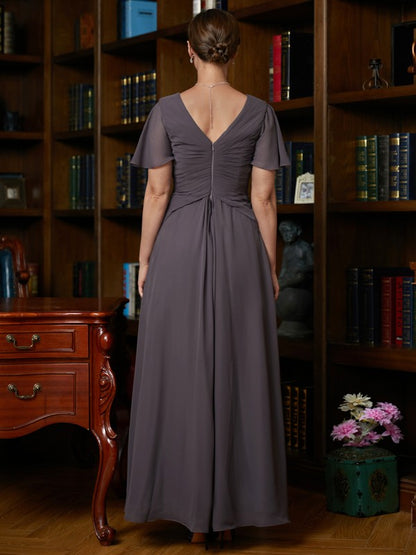 Wholesa A-Line/Princess Chiffon Ruched V-neck Short Sleeves Floor-Length Mother of the Bride Dresses