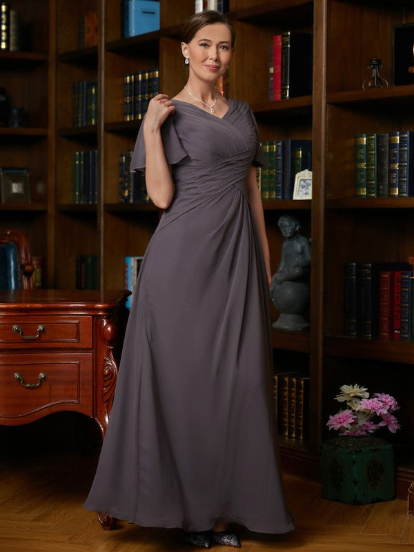 Wholesa A-Line/Princess Chiffon Ruched V-neck Short Sleeves Floor-Length Mother of the Bride Dresses