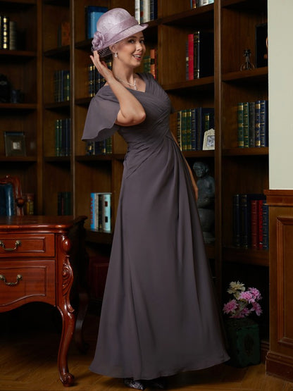 Wholesa A-Line/Princess Chiffon Ruched V-neck Short Sleeves Floor-Length Mother of the Bride Dresses