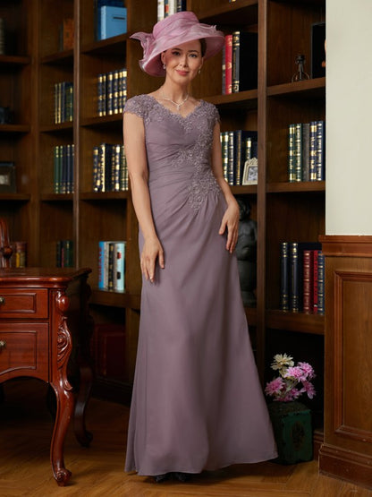 Wholesa Sheath/Column Chiffon Lace V-neck Short Sleeves Floor-Length Mother of the Bride Dresses