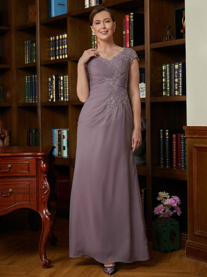 Wholesa Sheath/Column Chiffon Lace V-neck Short Sleeves Floor-Length Mother of the Bride Dresses