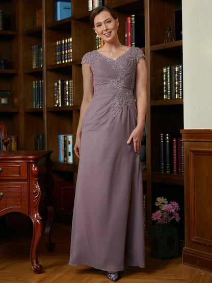 Wholesa Sheath/Column Chiffon Lace V-neck Short Sleeves Floor-Length Mother of the Bride Dresses