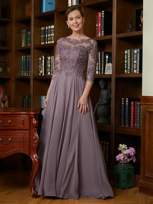 Wholesa A-Line/Princess Chiffon Lace Scoop 3/4 Sleeves Floor-Length Mother of the Bride Dresses