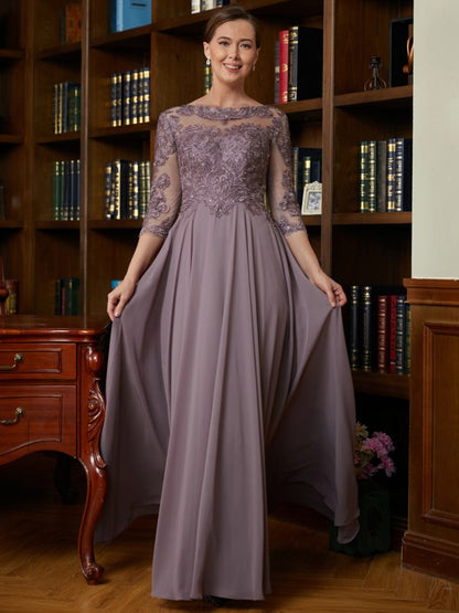 Wholesa A-Line/Princess Chiffon Lace Scoop 3/4 Sleeves Floor-Length Mother of the Bride Dresses