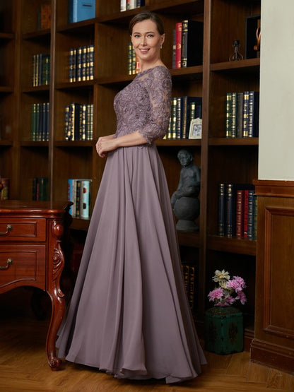 Wholesa A-Line/Princess Chiffon Lace Scoop 3/4 Sleeves Floor-Length Mother of the Bride Dresses