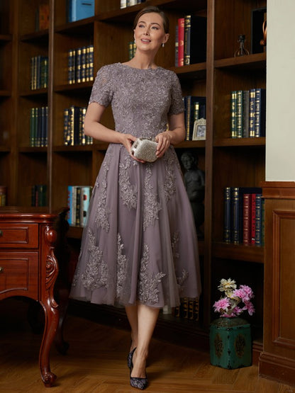 Wholesa A-Line/Princess Chiffon Lace Scoop Short Sleeves Tea-Length Mother of the Bride Dresses