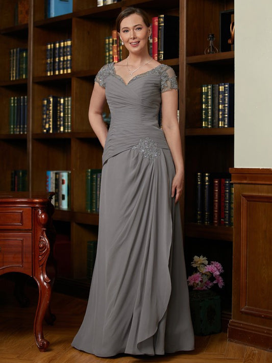 Wholesa A-Line/Princess Chiffon Applique Sweetheart Short Sleeves Floor-Length Mother of the Bride Dresses