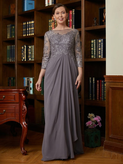 Wholesa A-Line/Princess Chiffon Lace Scoop 3/4 Sleeves Floor-Length Mother of the Bride Dresses