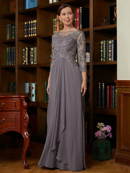 Wholesa A-Line/Princess Chiffon Lace Scoop 3/4 Sleeves Floor-Length Mother of the Bride Dresses