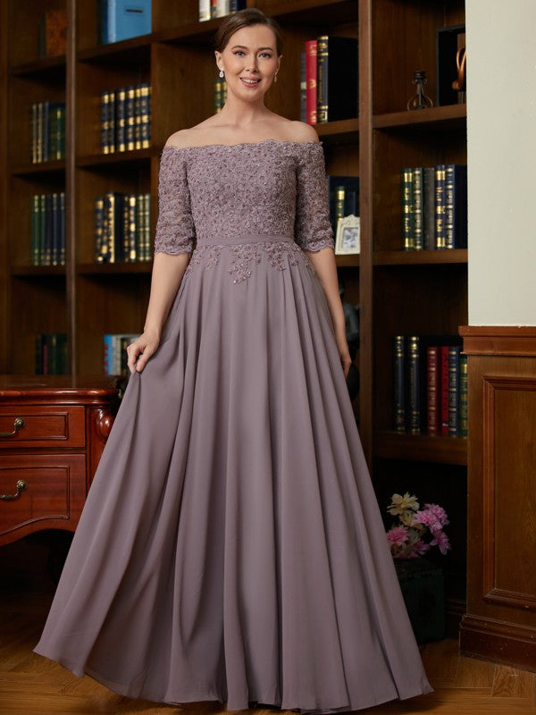 Wholesa A-Line/Princess Chiffon Applique Off-the-Shoulder 3/4 Sleeves Floor-Length Mother of the Bride Dresses