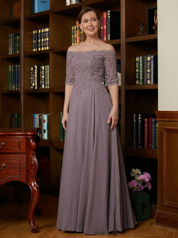 Wholesa A-Line/Princess Chiffon Applique Off-the-Shoulder 3/4 Sleeves Floor-Length Mother of the Bride Dresses