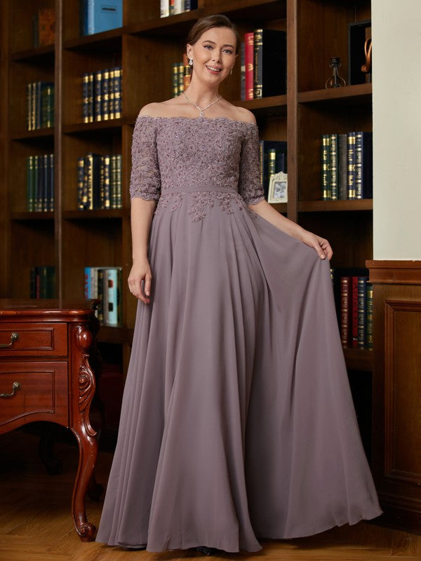 Wholesa A-Line/Princess Chiffon Applique Off-the-Shoulder 3/4 Sleeves Floor-Length Mother of the Bride Dresses