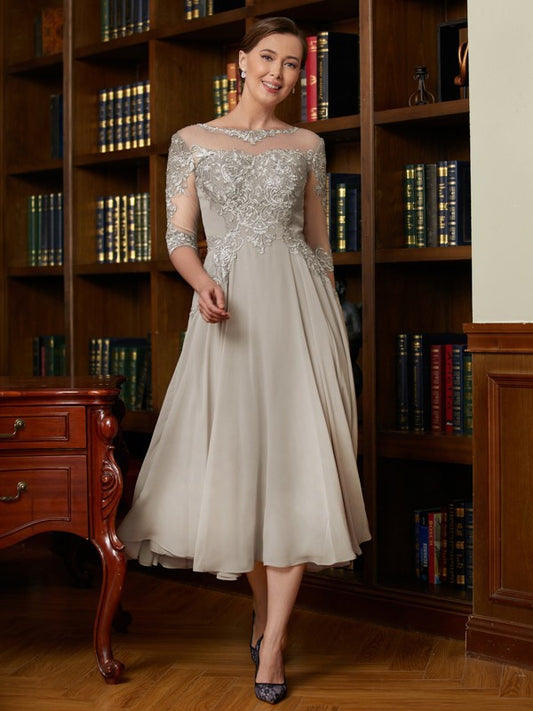 Wholesa A-Line/Princess Chiffon Lace Scoop 3/4 Sleeves Tea-Length Mother of the Bride Dresses