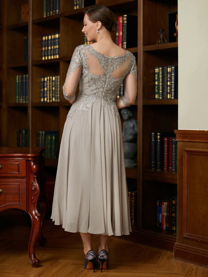 Wholesa A-Line/Princess Chiffon Lace Scoop 3/4 Sleeves Tea-Length Mother of the Bride Dresses