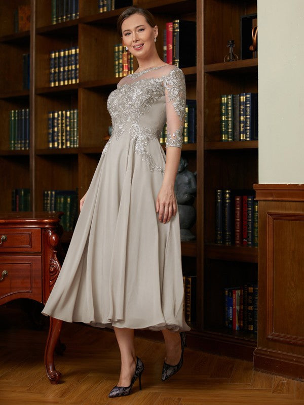 Wholesa A-Line/Princess Chiffon Lace Scoop 3/4 Sleeves Tea-Length Mother of the Bride Dresses