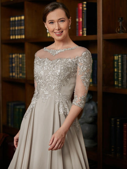 Wholesa A-Line/Princess Chiffon Lace Scoop 3/4 Sleeves Tea-Length Mother of the Bride Dresses