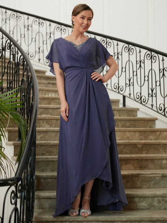 Wholesa A-Line/Princess Chiffon Beading V-neck Short Sleeves Asymmetrical Mother of the Bride Dresses