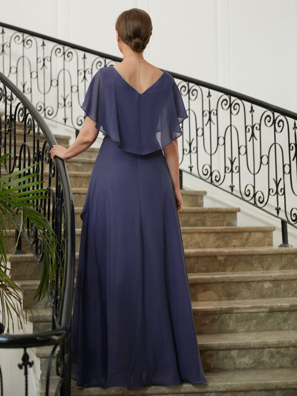 Wholesa A-Line/Princess Chiffon Beading V-neck Short Sleeves Asymmetrical Mother of the Bride Dresses