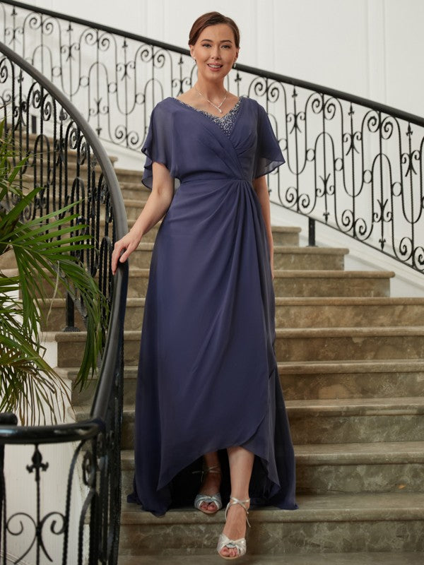 Wholesa A-Line/Princess Chiffon Beading V-neck Short Sleeves Asymmetrical Mother of the Bride Dresses