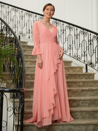 Wholesa A-Line/Princess Chiffon Ruched V-neck Long Sleeves Sweep/Brush Train Mother of the Bride Dresses