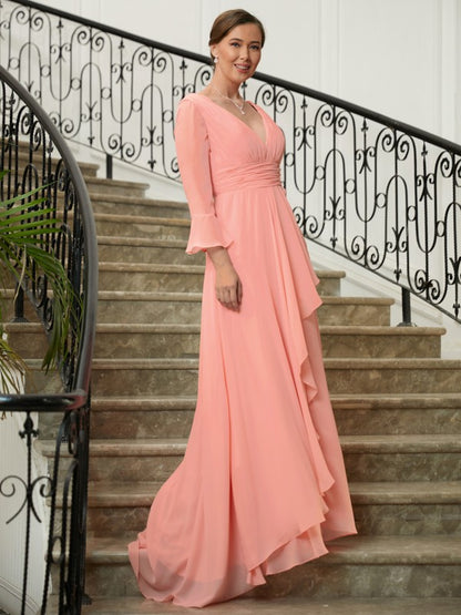 Wholesa A-Line/Princess Chiffon Ruched V-neck Long Sleeves Sweep/Brush Train Mother of the Bride Dresses