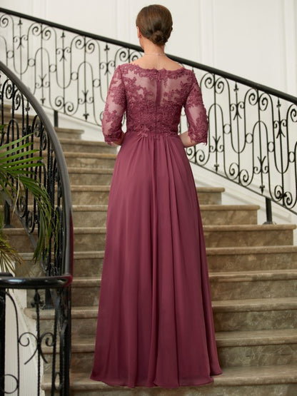 Wholesa A-Line/Princess Chiffon Lace V-neck 3/4 Sleeves Floor-Length Mother of the Bride Dresses