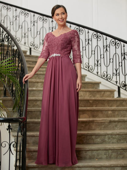 Wholesa A-Line/Princess Chiffon Lace V-neck 3/4 Sleeves Floor-Length Mother of the Bride Dresses