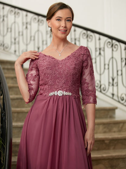 Wholesa A-Line/Princess Chiffon Lace V-neck 3/4 Sleeves Floor-Length Mother of the Bride Dresses