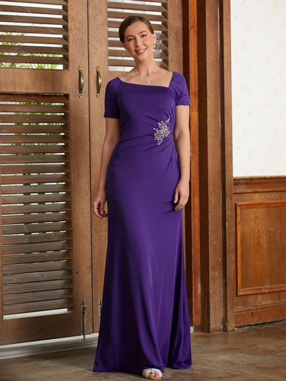 Wholesa Sheath/Column Jersey Beading Square Short Sleeves Floor-Length Mother of the Bride Dresses