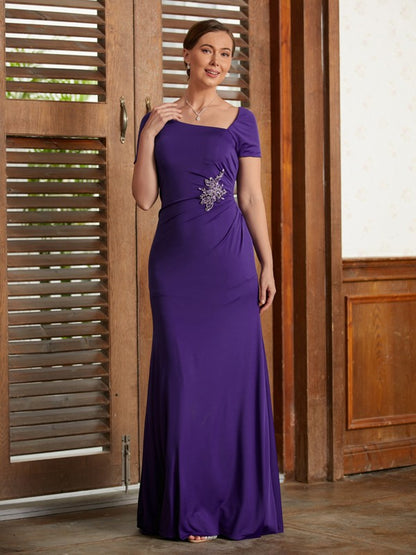 Wholesa Sheath/Column Jersey Beading Square Short Sleeves Floor-Length Mother of the Bride Dresses