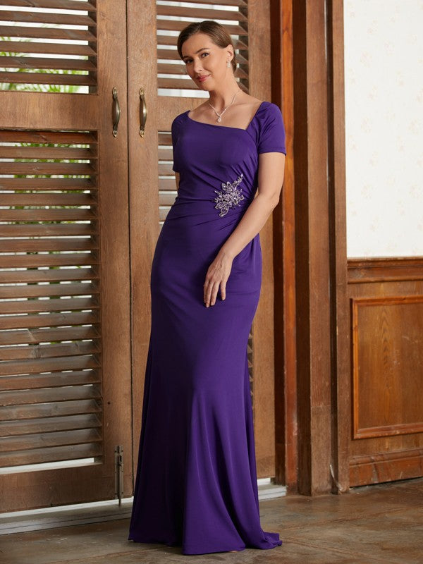 Wholesa Sheath/Column Jersey Beading Square Short Sleeves Floor-Length Mother of the Bride Dresses